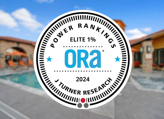 A badge with the text "POWER RANKINGS ELITE 1%" and "ORA 2024" is displayed in front of a poolside scene.