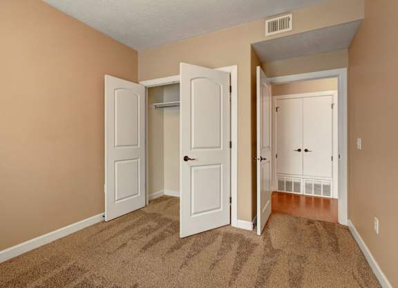 A bedroom here at Bridges with tan walls, soft brown carpet, an open white double-door closet, and a hallway view toward matching white doors and warm wood flooring.