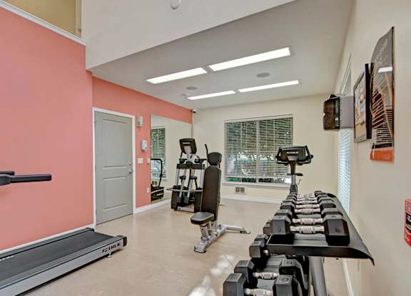 A modern fitness center here at Asbury Park featuring a clean, open layout with neutral flooring, coral accent walls, and large windows with blinds that bring in natural light, equipped with cardio machines, free weights on a rack, and strength training equipment, creating a functional and well-lit space for daily workouts.