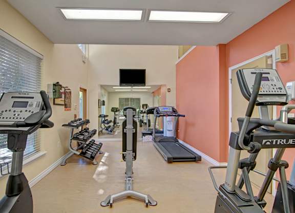 A modern fitness center here at Asbury Park showcasing a well-lit workout space with neutral flooring, soft coral accent walls, and large windows with blinds, featuring cardio machines, strength training equipment, free weights on organized racks, a wall-mounted television, and mirrored walls that enhance the open and functional layout.