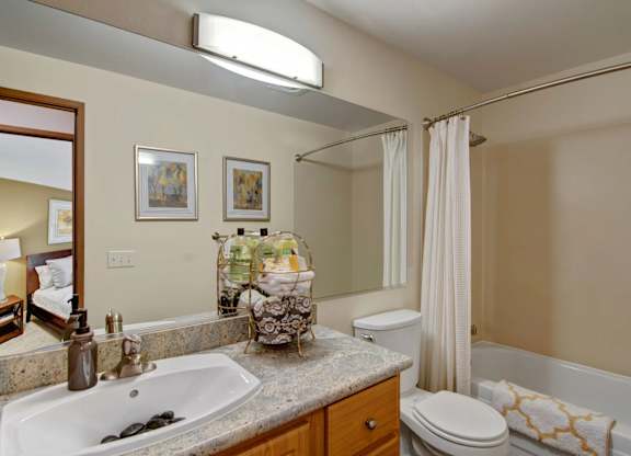 A clean bathroom here at Island Park featuring a granite-style vanity with an undermount sink, wood cabinetry, and a wide mirror with modern overhead lighting. A tub and shower combination with a curved curtain rod sits beside a toilet, while framed wall art and neatly arranged towels add a polished, comfortable feel.
