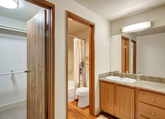 A clean bathroom here at Island Park featuring a wood vanity with a stone-look countertop, single sink, and large wall mirror with overhead lighting. The space includes a tub and shower combination with a curtain, a toilet, wood-look flooring, and an adjacent open closet with shelving and hanging space.