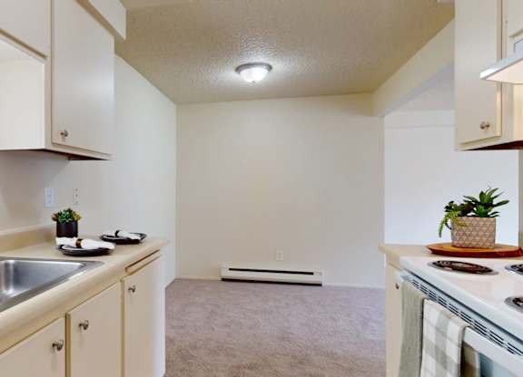 A compact kitchen here at Lakeside featuring light cabinetry, neutral countertops, and a functional galley-style layout with a sink and counter space on one side and a range on the other, complemented by simple countertop décor, overhead lighting, and a seamless transition into the adjacent carpeted dining or living area.