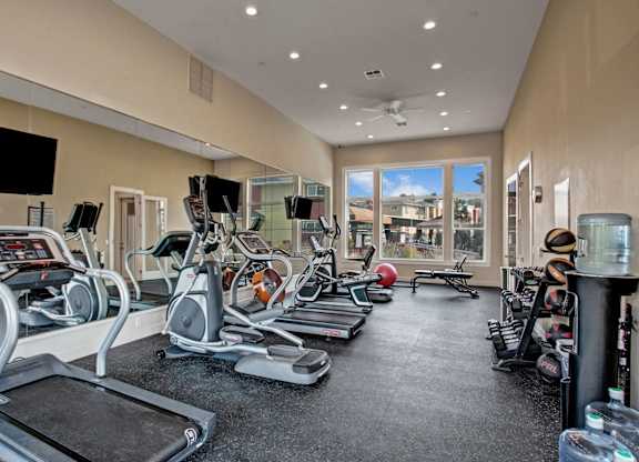 A modern fitness center here at Riverside 9 with cardio machines, free weights, mirrored walls, and large windows creating a bright, motivating workout space.