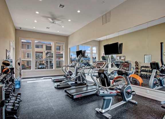 A modern fitness center here at Riverside 9 with cardio machines, free weights, mirrored wall, large windows, and bright lighting in a spacious, motivating environment.