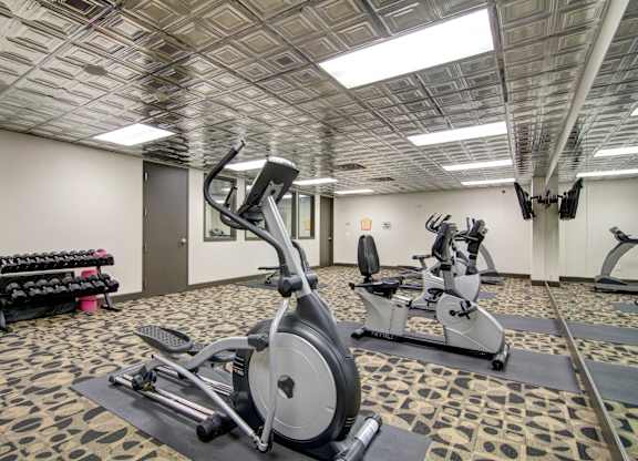 A gym with a row of stationary bikes and a ball.