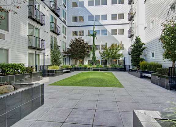 A courtyard with a grassy area surrounded by buildings.