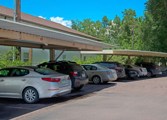 Cars are parked under a covered structure in a lot here at Cheyenne Creek Apartment Homes, with numbered spaces visible. Trees and a building are in the background under a clear blue sky.