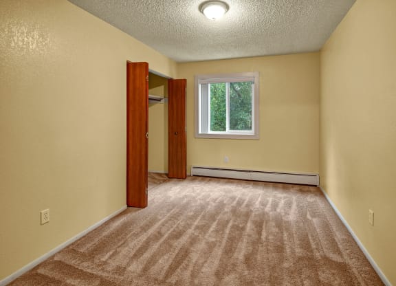 Empty bedroom with yellow walls, beige carpet, and a single window showing greenery. There’s an open closet with wooden doors on the left. Cozy and simple. Arctic Sun Apartments.