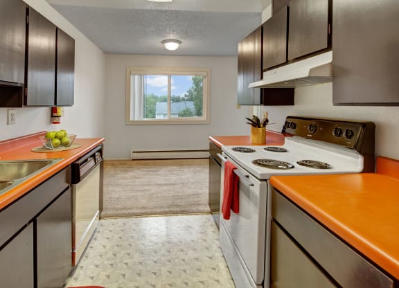 Kitchen with orange countertops, dark cabinets, and a white stove. A bowl of green apples and a utensil holder add color. Window view shows trees. Arctic Sun Apartments.