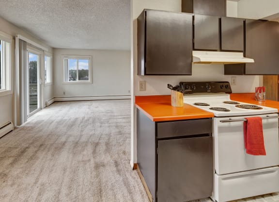 Empty living room with beige carpet, large windows, and a doorway leading to a kitchen. Kitchen has orange counters, dark cabinets, and a white stove. Arctic Sun Apartments.