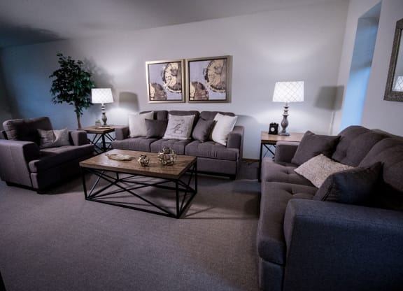 Cozy living room here at Birchwood Apartments with gray sofas, wooden coffee table, and framed wall art. Two table lamps illuminate the space, creating a warm and inviting atmosphere.