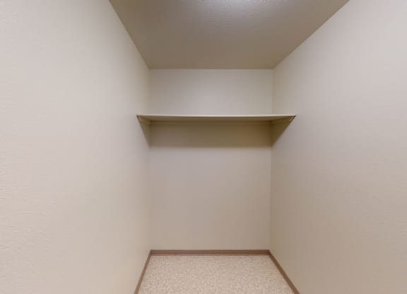 Empty beige closet here at Birchwood Homes Apartments with a single overhead shelf, beige walls, and a textured beige floor. The space conveys simplicity and potential for organization.