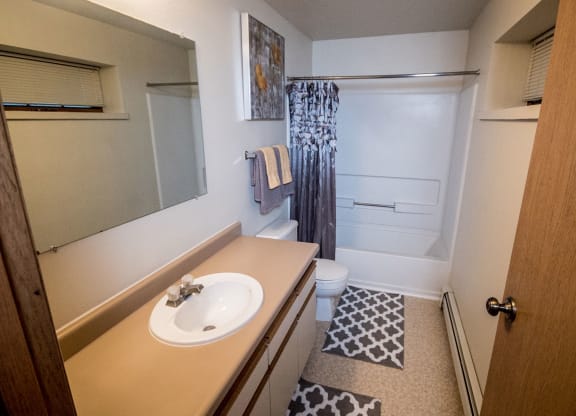 A small bathroom here at Birchwood Homes Apartments with a sink and beige countertop, a large mirror, gray patterned rugs, and a shower with a gray curtain. The atmosphere is clean and orderly.