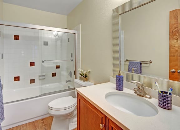 Modern bathroom here at Century Plaza with a white bathtub and glass doors. The vanity has a silver faucet, a large mirror, and blue patterned toothbrush holder and soap dispenser.