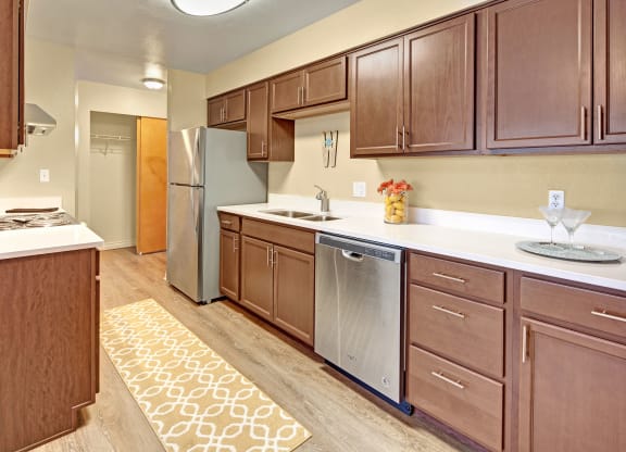 A modern kitchen here at Century Plaza with wooden cabinets, stainless steel appliances, and a light countertop. A patterned rug adds warmth, while decorative items create a cozy feel.