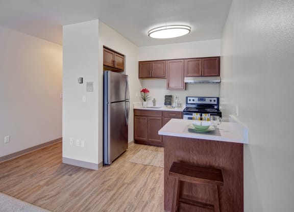 Compact kitchen here at Century Plaza with stainless steel fridge, dark wood cabinets, and electric stove. Light wood flooring and a small bar area with a stool. Warm, welcoming tone.