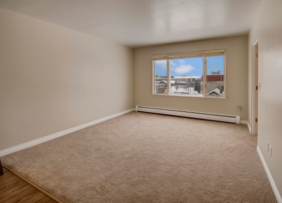 A living room here at  Century Plaza with beige walls and carpet, a large window offering a snowy urban view, and wooden flooring at the entrance, conveying a neutral, spacious tone.