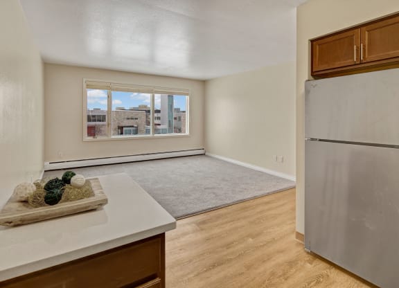 Bright, modern apartment here at Century Plaza with beige walls and light wood flooring. A large window offers urban views. Decorative balls sit on a counter next to a fridge.