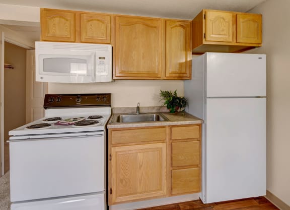 Small kitchen here at College View Apartments with light wood cabinets and light brown countertops. Includes a white stove, microwave, fridge, and a potted plant by the sink.