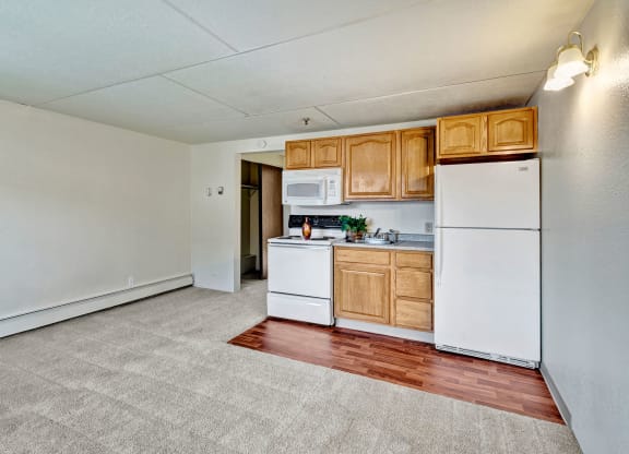 Compact studio apartment here at College View Apartments with light carpet and a small kitchen. Features wooden cabinets, white appliances, and a bright, minimalistic design.