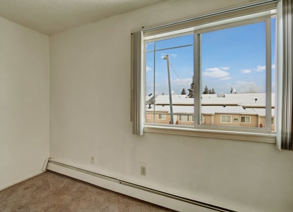 Small, empty bedroom here at Conifer Grove Apartments with beige carpet and white walls. A large window shows snowy rooftops and a clear blue sky, conveying a calm winter day.