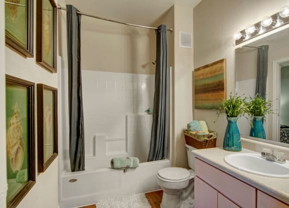 Cozy bathroom here at Pala Mesa Apartments with white fixtures, gray shower curtain, and pine cabinets. Wall art and potted plant add color. Soft lighting creates a warm ambiance.