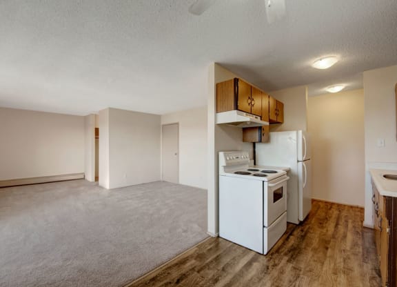 Open-plan apartment here at Cedar Gardens Apartment Homes with beige walls, featuring a small kitchen with wooden cabinets and white appliances. Carpeted living area on the left. Cozy, simple ambiance.