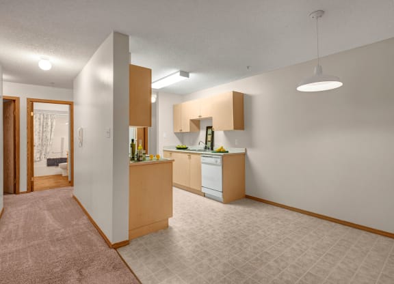 Modern apartment interior here at Edgewood Estates Apartment Homes with a bright kitchen featuring light wood cabinets, white countertops, and a white dishwasher. A cozy carpeted hallway leads to a bathroom with a shower curtain. A potted plant adds greenery to the open space.