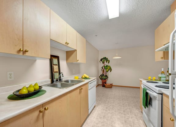 Bright kitchen here at Edgewood Estates Apartment Homes with light wood cabinets, a double sink, and white appliances. A modern plant, decorative pears, and green accents add freshness.