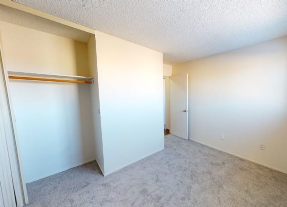 Empty room here at Lakewood Heights Apartment Homes with beige walls, gray carpet, and a large window on the right. An open closet with a wooden rod and a partially open white door is visible. Bright, airy feel.