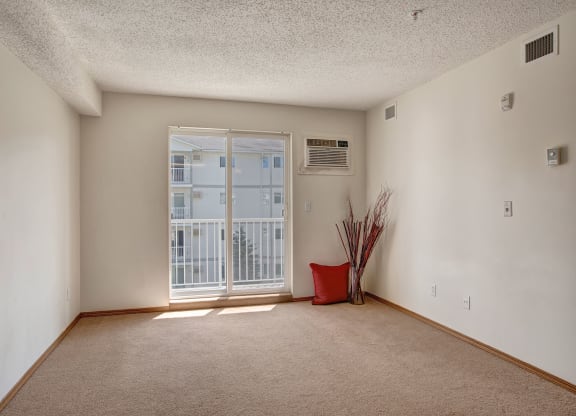 Empty room here at Villagio Apartment Homes with beige carpet, white walls, and a large window letting in natural light. A red cushion and decorative branches add a cozy touch.