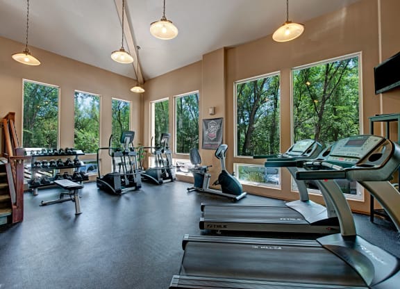 Bright gym interior here at Cheyenne Creek Apartment Homes with large windows showing trees outside. Contains treadmills, ellipticals, and weights, creating an energetic, focused atmosphere.