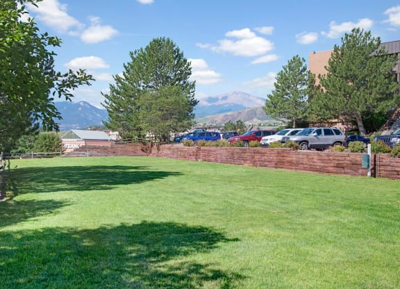 Lush green lawn here at Eagle Ridge Apartment Homes with scattered trees and mountain backdrop under a blue sky. A row of parked cars lines a wooden fence in the distance. Calm and serene.