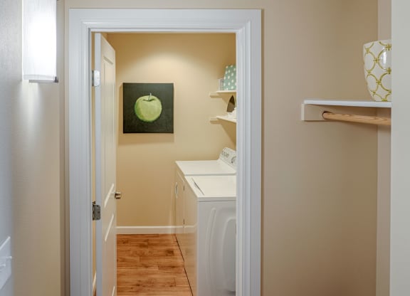 A laundry room here at Dakota Ridge Apartment Homes with beige walls features a washer and dryer. A painting of a green apple hangs above, and shelves with decorative items are visible. The mood is clean and organized.