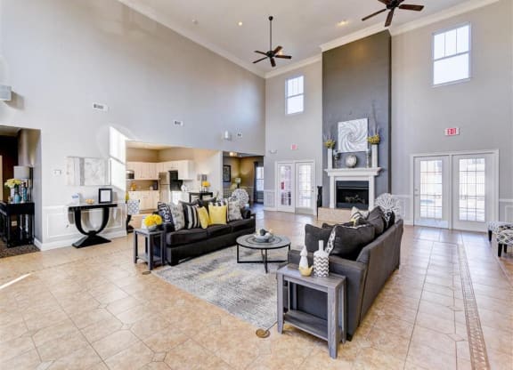 Residence at North Penn community room with fireplace and high ceilings