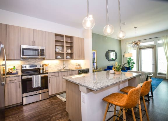 The Crosby at The Brickyard kitchen view with great natural lighting Dallas Texas Apartment