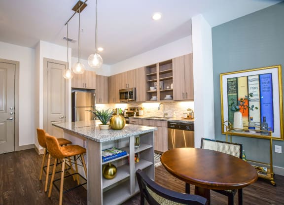 The Crosby at The Brickyard kitchen area with great lighting Dallas Fort Worth Apartments