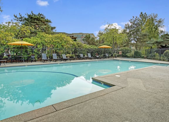 Lakeside outdoor pool and lounge chairs, Dean Weidner Real Estate Apartments in Mountlake Terrace, WA