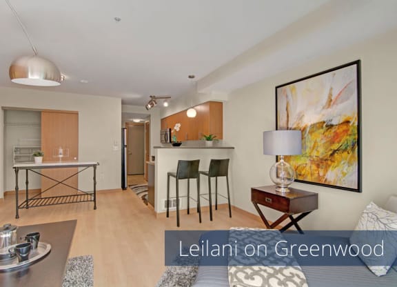 Leilani  on Greenwood living room Apartments in Seattle, WA