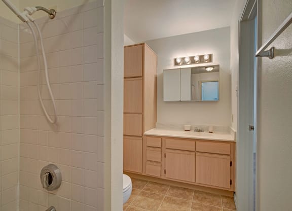 Compact bathroom with beige tiles, a wood vanity, and a mirrored cabinet under bright lights. Open shower on the left at St. James Place Apartments.
