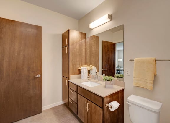 Spacious bathroom featuring wood cabinets and a large mirror above a sink. A soft yellow towel hangs near the white toilet and a small plant adds greenery at Stitchweld Apartments.