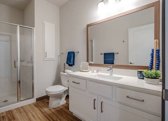 A bathroom here at Van Buren West featuring a white vanity with a wide framed mirror, sleek glass shower enclosure, warm wood-look flooring, and blue accent towels for a clean, bright, and modern feel.