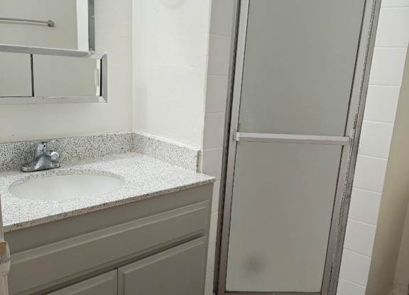 A bathroom with a sink and a shower door.