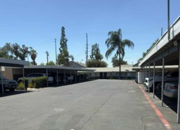 A parking lot with a clear blue sky above and a few palm trees in the distance.