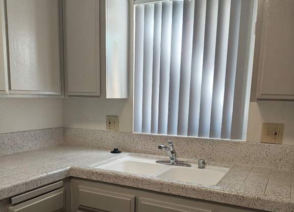 A kitchen with a sink and cabinets.