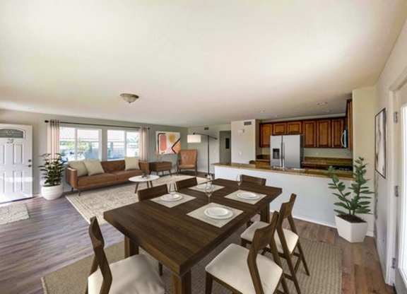 A dining room with a wooden table and chairs.