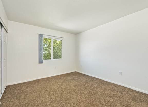 A room with a window and carpeted floor.
