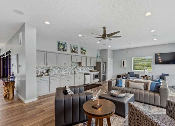 Rental community clubhouse with large windows and natural light