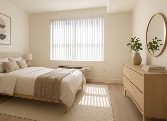 Peaceful Bayonne NJ bedroom with large windows, natural wood furnishings, and soft modern touches